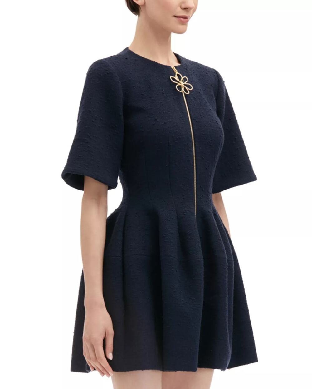Oscar De La Renta Women Navy Tweed Cotton/Wool Zip Front Mini Dress Size US 6